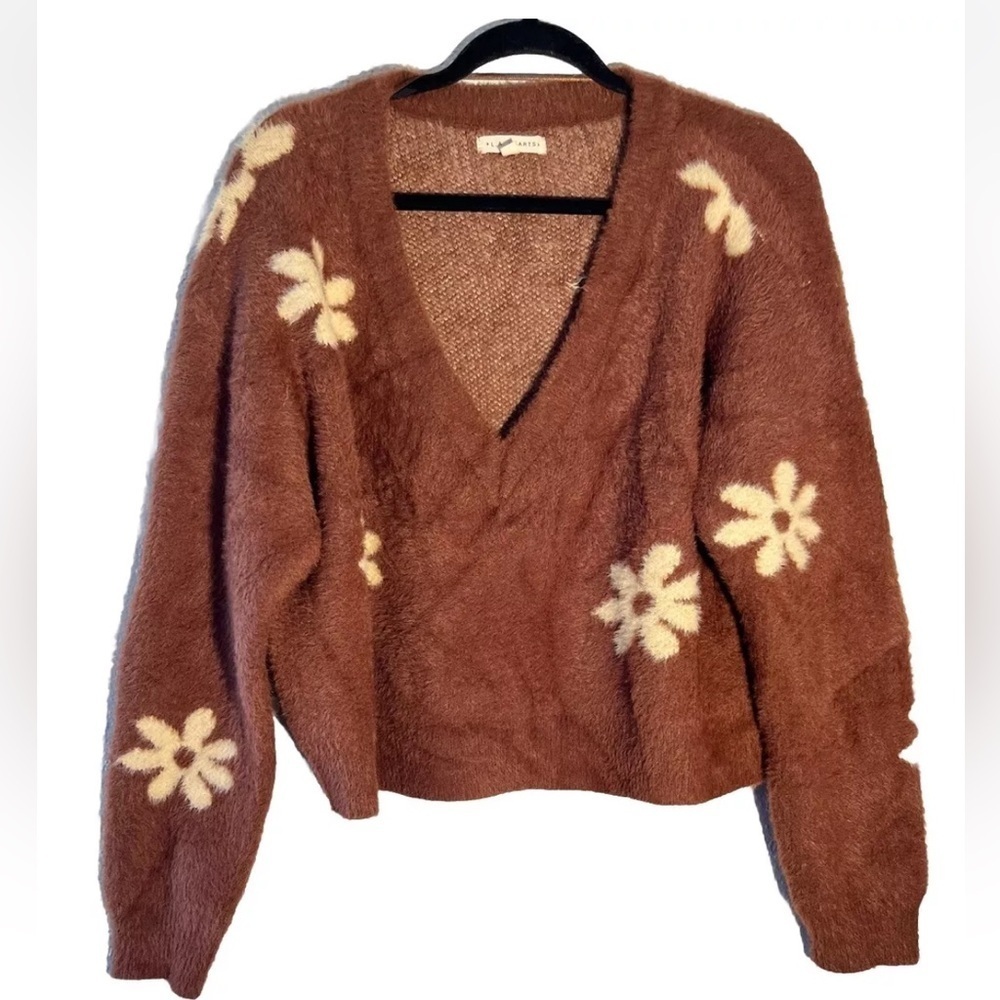 LA Hearts Brown Floral Print Super Soft V Neck Pullover Sweater Size M - Picture 2 of 5